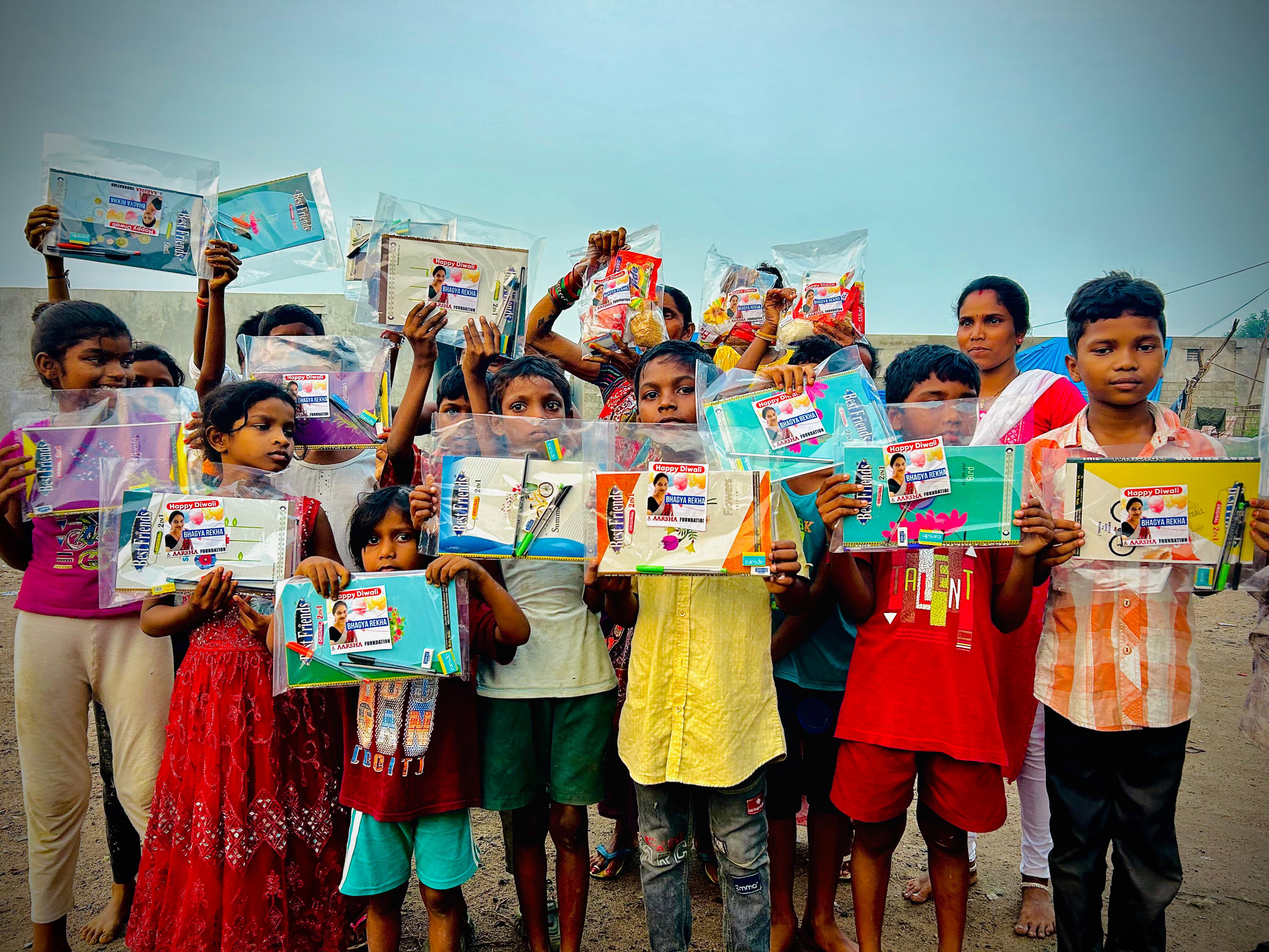 Children with educational supplies